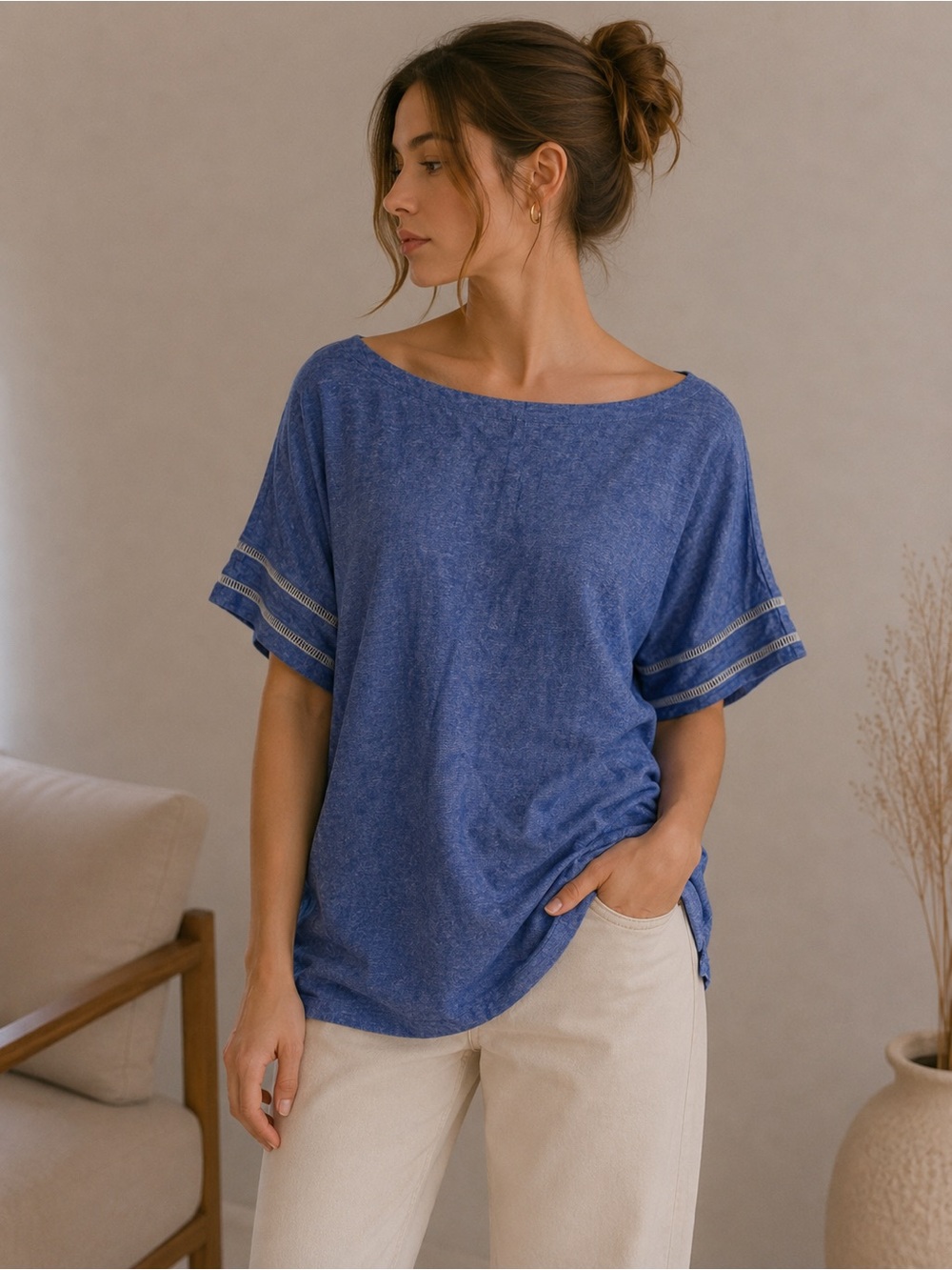 Anne Klein Indigo Short Sleeve Button Back Top w/White Trim Size XL